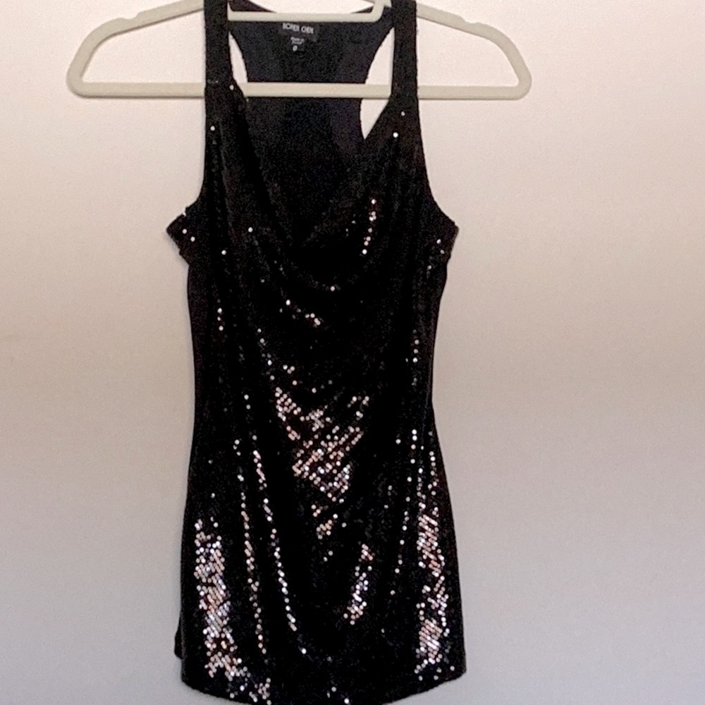 Ronen Chen stretch sequin & jersey knit drape neck racer back tank.